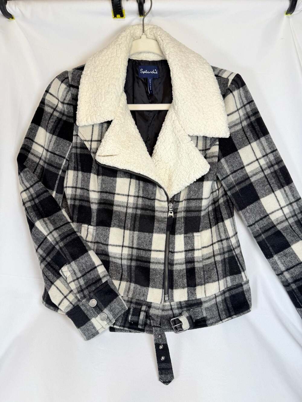 Splendid Black and White Plaid Sherpa Lapel Edgy Moto Jacket